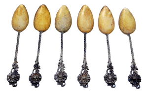Silver Teaspoons with Golden Shells and Flowers on Twisted Handles, Set of 6