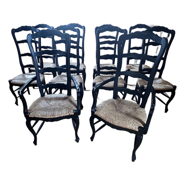 Country Style Ebonized Wood Ladderback Dining Chairs With Rush Seats -Set of 10 For Sale