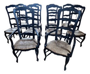 Country Style Ebonized Wood Ladderback Dining Chairs With Rush Seats -Set of 10