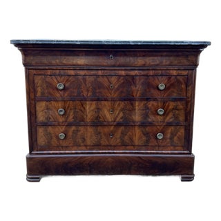 French 19th Century Louis Philippe Flame Mahogany Marble Top Commode For Sale