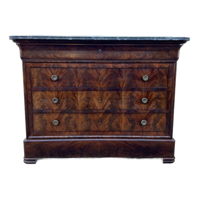 French 19th Century Louis Philippe Flame Mahogany Marble Top Commode For Sale