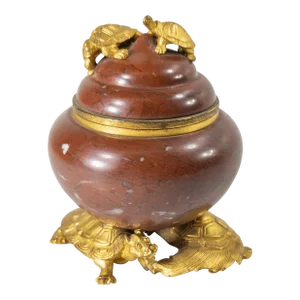 19th Century French Ferdinand Barbedienne Bronze and Jasper Japnonisme Inkwell With Turtles