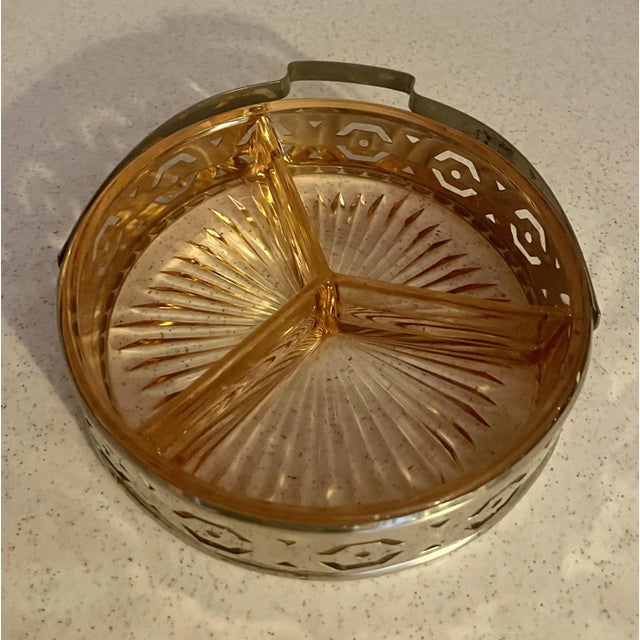 1930s Vintage Pink Depression Glass Divided Tray With Metal Handle for Hors D'oeuvres, Relish Dish or as a Candy Dish For Sale - Image 12 of 12