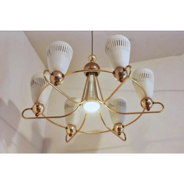 Mid-Century Modern 6-Arm Brass Chandelier Attributed to Paavo Tynell For Sale - Image 3 of 3