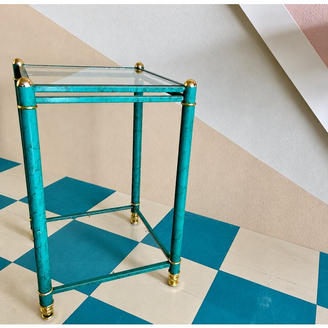 Hollywood Regency Hollywood Regency Faux Malachite Side Table with Brass Details and Glass Shelves, 1980s For Sale - Image 3 of 4