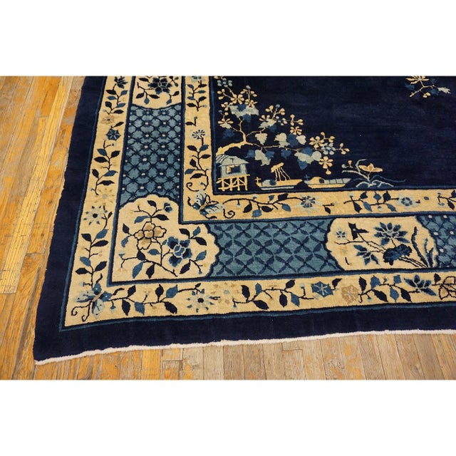 1900 - 1909 1900s Blue Classic Greek Key Swastika Anitque Chinese Peking Wool Room Size Rug For Sale - Image 5 of 10