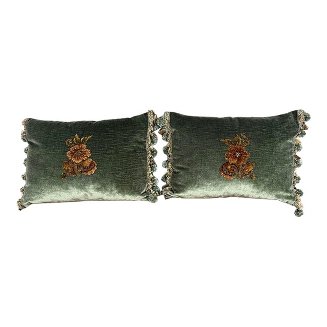 Pair of Custom Velvet Pillows With 19th-Century French Gold-Thread Appliqués For Sale