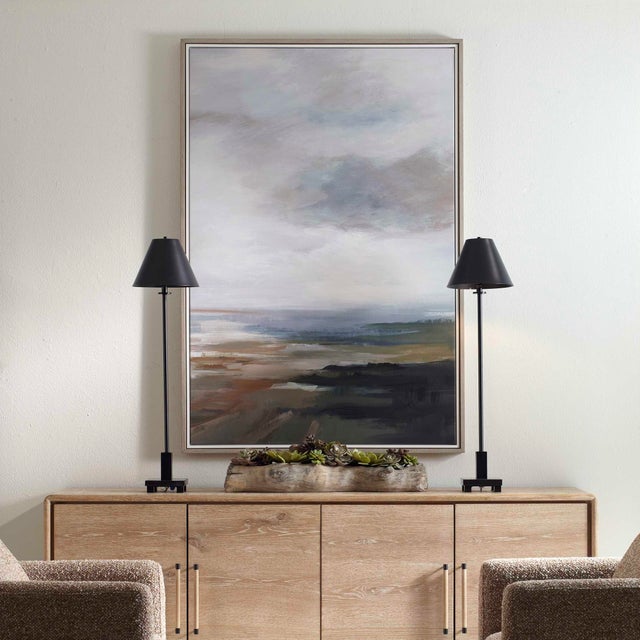 Lowlands Framed Canvas Displays An Abstract Landscape In A Palette Of Grays, Blues, And Warm Browns. A Double Gallery...