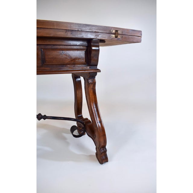 20th Century Spanish Fold Out Dining and Console Table With Iron Stretcher and Two Drawers For Sale - Image 11 of 17