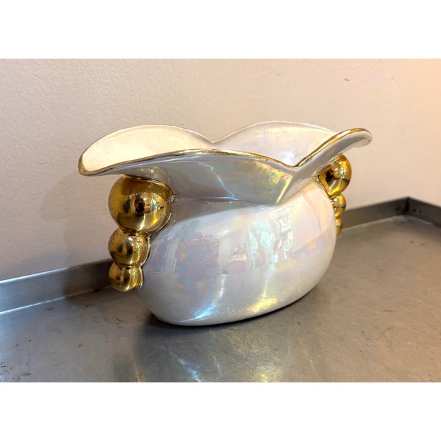 Mid-Century Modern 1950s-60s Iridescent White/Gold Ceramic Planter Signed For Sale - Image 3 of 5
