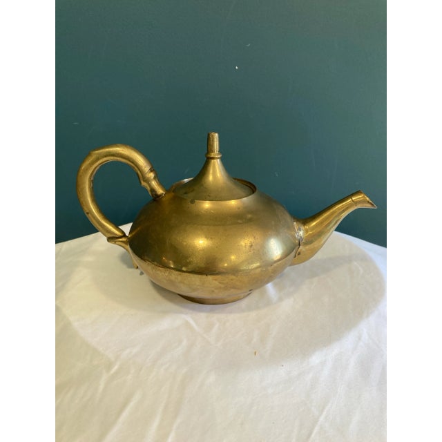 Mid-Century Indian Brass Teapot With Faux Bamboo Handle and Lid For Sale - Image 4 of 9