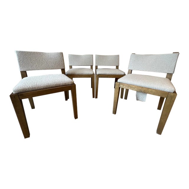 Restoration Hardware Saddle Fabric Side Chair Weathered Oak Drifted With Italian Bouclé in Sand - Set of 4 For Sale