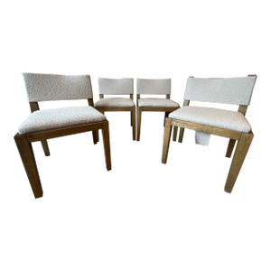 Restoration Hardware Saddle Fabric Side Chair Weathered Oak Drifted With Italian Bouclé in Sand - Set of 4