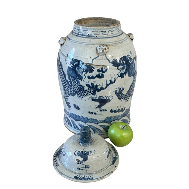 Superb 18" H Large Chinoiserie Dragons Ginger Jar—hand-painted blue and white Chinese porcelain featuring dancing dragons...