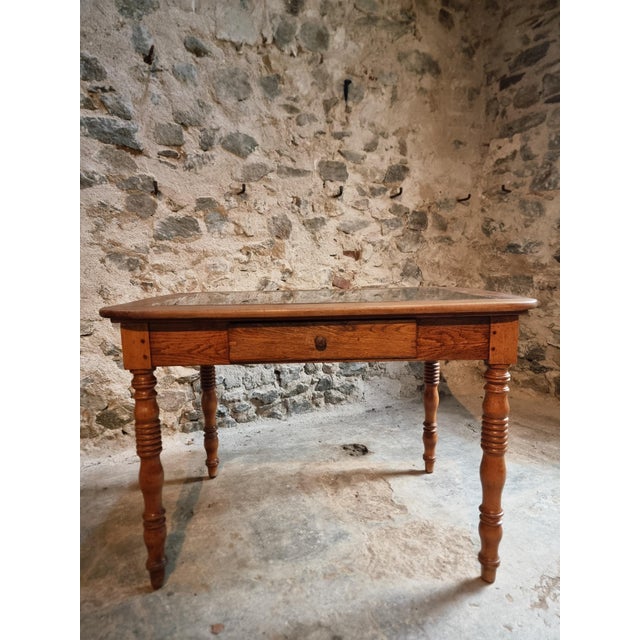 French Oak and Walnut Dining Table with Marble Top For Sale - Image 14 of 18