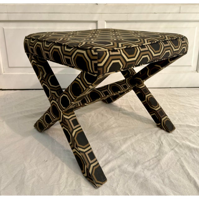 Late 20th C. Hollywood Regency X-Bench Stool With Geometric Upholstery For Sale In Los Angeles - Image 6 of 12