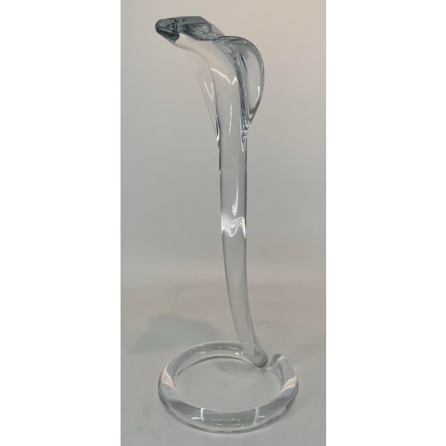 Graceful vintage clear crystal coiled Cobra snake sculpture by Dawn, France. Etched signature on the bottom part....