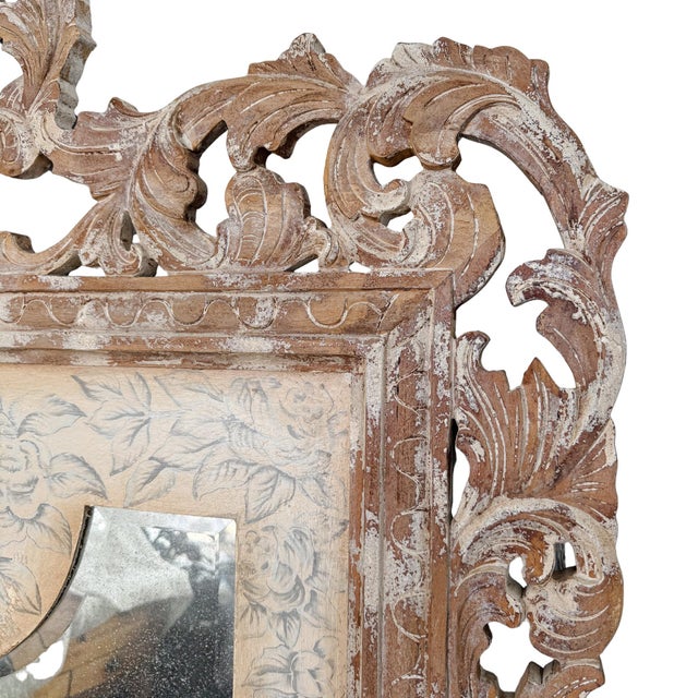 Late 20th Century Grand Venetian Style Wood Carved Floor or Wall Architectural Mirror in Distressed Whitewash For Sale - Image 5 of 8