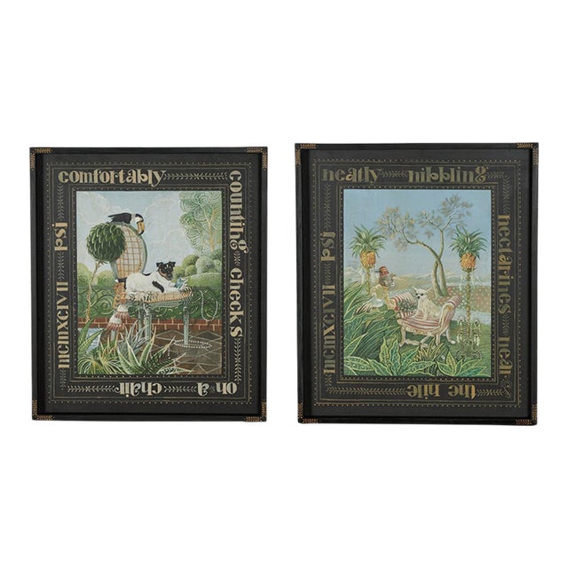 Pair of Vintage Whimsical Paintings of Dogs in Decorative Frames by Stephanie Hoppen For Sale