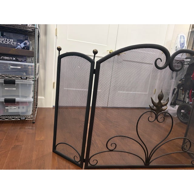 Contemporary Vintage Hand-Forged Wrought Iron Fireplace Hearth Set: Contemporary 3-Piece Screen & Pair of Andirons For Sale - Image 3 of 12