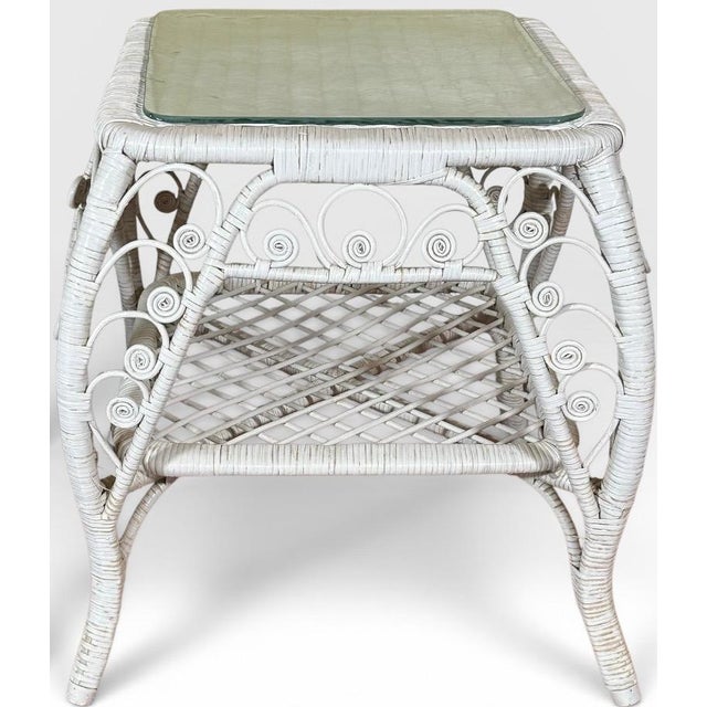 Vintage Boho Chic White Wicker Scrolled Side Tables With Glass Tops - A Pair For Sale - Image 4 of 13