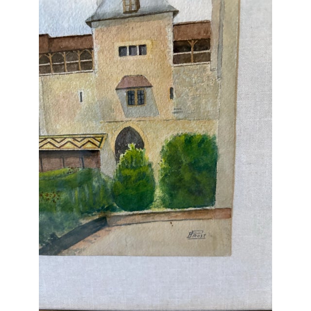 Paint Mid 20th Century Framed French Watercolor Painting of Chateau La Roche Pot For Sale - Image 7 of 12