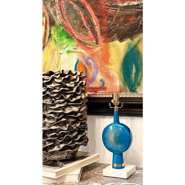 Vintage Rare Retired Jonathan Adler Santorini Electra Aqua With Gold Sunburst Table Lamp, From His Mediterranean-Inspired...