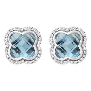 18K White Gold 3/8 Cttw Diamond and 11x11mm Clover-Cut London Blue Topaz Gemstone Halo Clover Stud Earrings (G-H Color, SI1-SI2 Clarity) For Sale