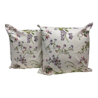 Pair of 22" Square Pillows Decorated With a Delicate Purple & Pink Floral Pattern - Made in Uk. For Sale