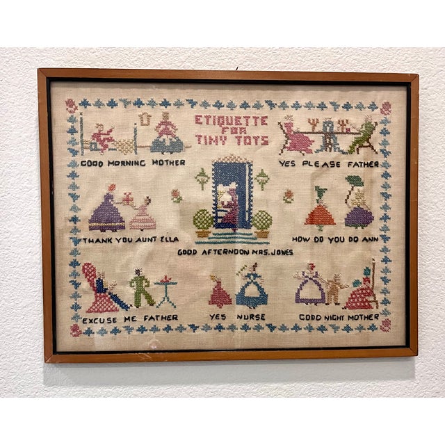 Early 20th Century Antique Early 1900s Framed Children's Etiquette Cross Stitch For Sale - Image 5 of 13