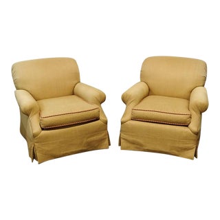 Upholstered Plush Arm Chairs With Pink Piping - a Pair For Sale