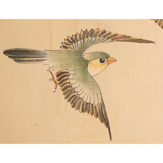 1950s C. 1950s Vintage Chinese Watercolor Scroll Painting "Two Birds" on Silk For Sale - Image 5 of 9
