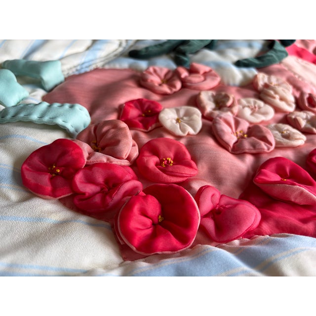 1975 One-of-a-Kind Hand Quilted Floral Rabbit Art Quilt Wall Hanging For Sale - Image 4 of 10