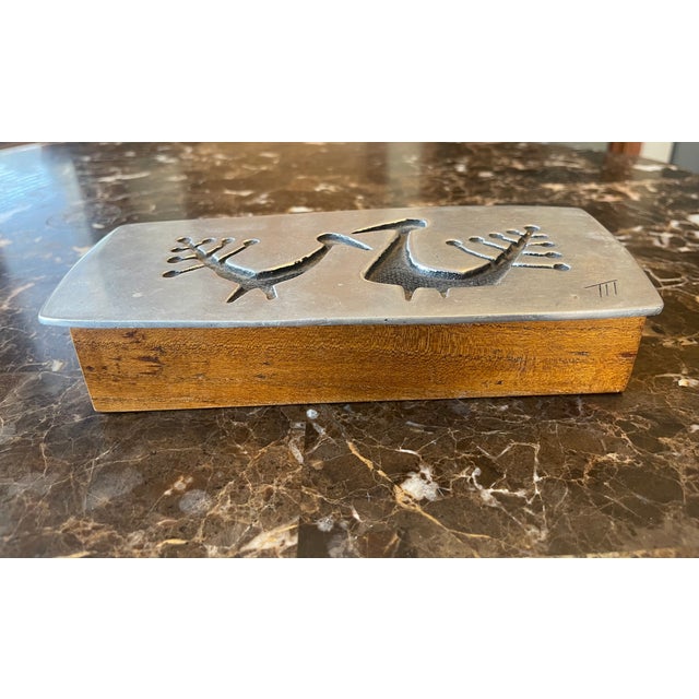 Abstract 1990s Wood Box With a Silver Top With Modern Peacocks For Sale - Image 3 of 6