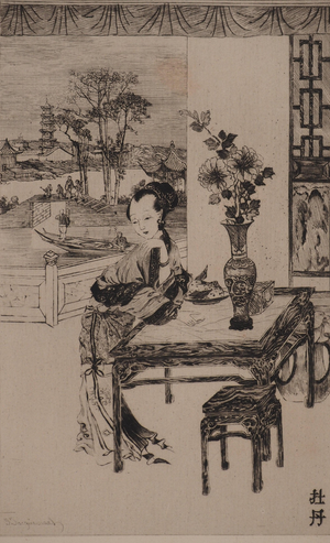 Jules Ferdinand Jacquemart, Japan, The Peony, Original Signed Engraving