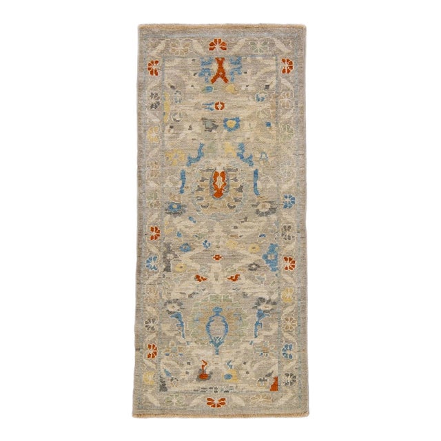Beige Floral Modern Handmade Sultanabad Wool Runner For Sale