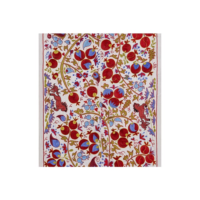 1960s Suzani Tapestry – White Base With Horse and Pomegranate Motifs 3'2'' X 6' For Sale - Image 5 of 13