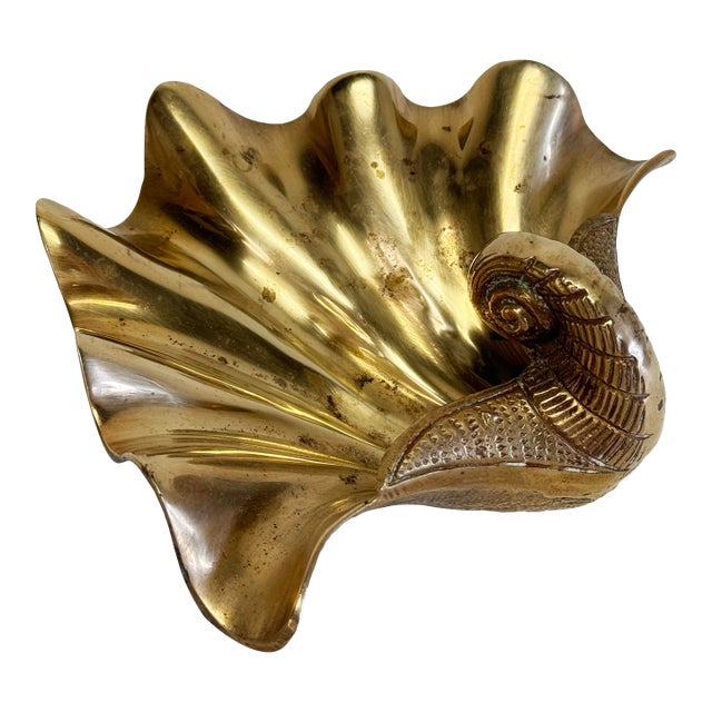 Vintage Scalloped Brass Shell Catchall Dish For Sale