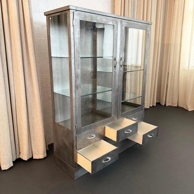 1940s 1940s Industrial Brushed Steel Double Wide Medical Apothecary Display Cabinet For Sale - Image 5 of 11
