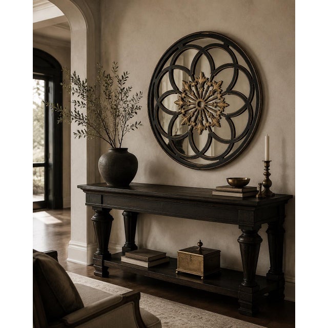 Large Onyx Black and Aged Gold Gothic Rosette Wall Mirror For Sale - Image 4 of 5