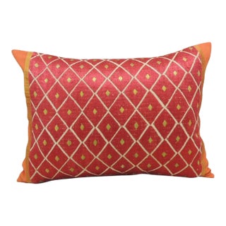 Vintage Red and Yellow "Phulkari" Embroidery Silk Bolster Decorative Pillow For Sale