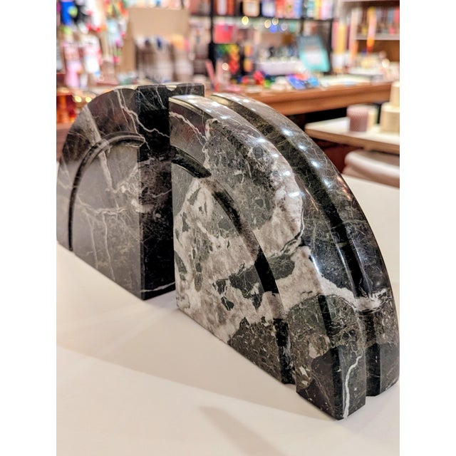 1980s Italian Postmodern Black Marble Semi-Circle Bookends For Sale - Image 4 of 7