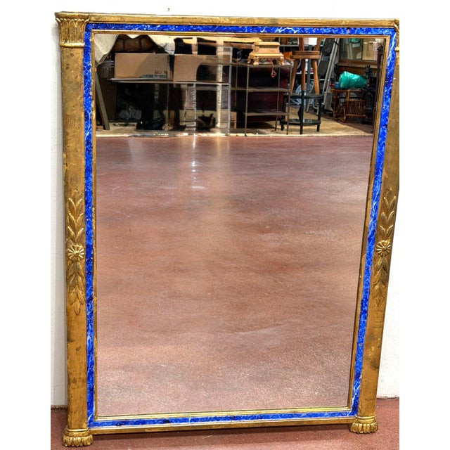 Gold Italian Neoclassical Lapis-Blue Enameled Giltwood Mirror, 1960s For Sale - Image 8 of 16