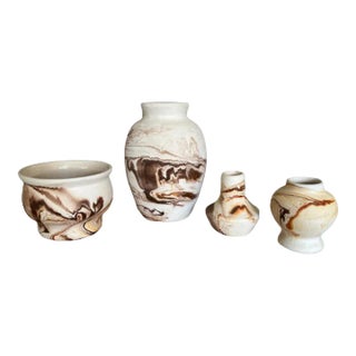 Vintage Brown Swirled Nemadji Pottery Collection- 4 Pieces For Sale