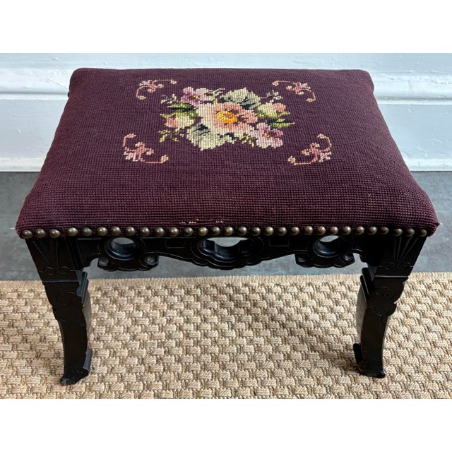 19th Century Antique Needlepoint Footstool, Carved For Sale - Image 10 of 11