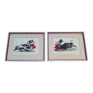 1970s Bullfight Watercolor & Ink Drawings on Paper by John Groth - Set of 2 For Sale