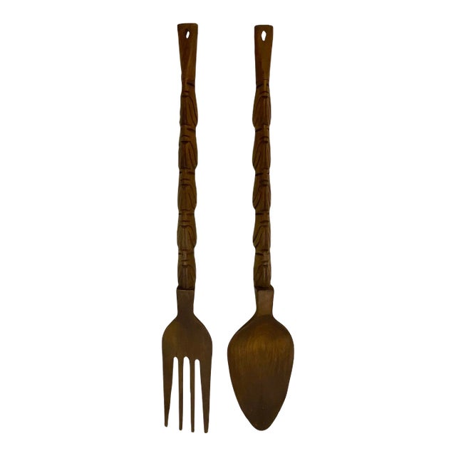 1970s Boho Chic Tiki Hand Carved Wooden Fork & Spoon, Large Scale - A Pair For Sale