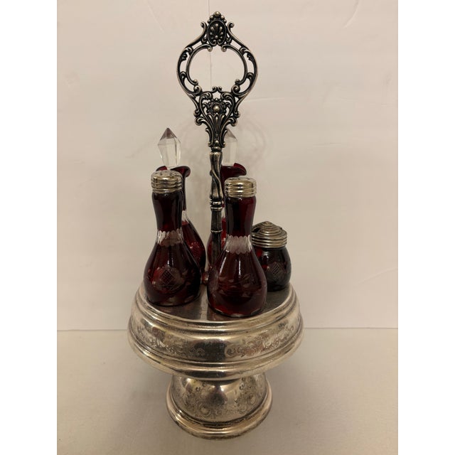 Late 19th Century Victorian Ruby Red Glass Cruet Caster Set With Silver-Plated Rotating Stand - 6 pcs For Sale - Image 4 of 6