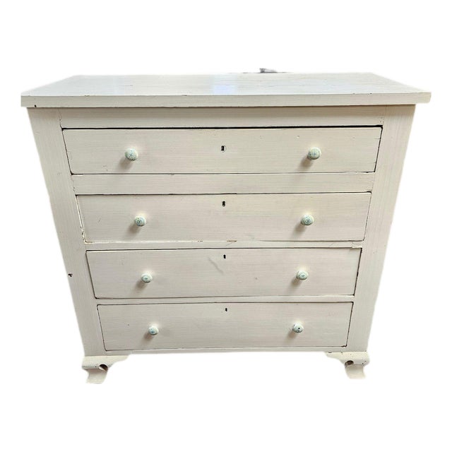 Early-Nineteenth-Century Antique White-Painted Chest of Drawers With Federal Brass Pulls For Sale