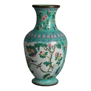 Antique Chinese Enameled & Polychromed Vase Floral Garden Scene With Birds For Sale